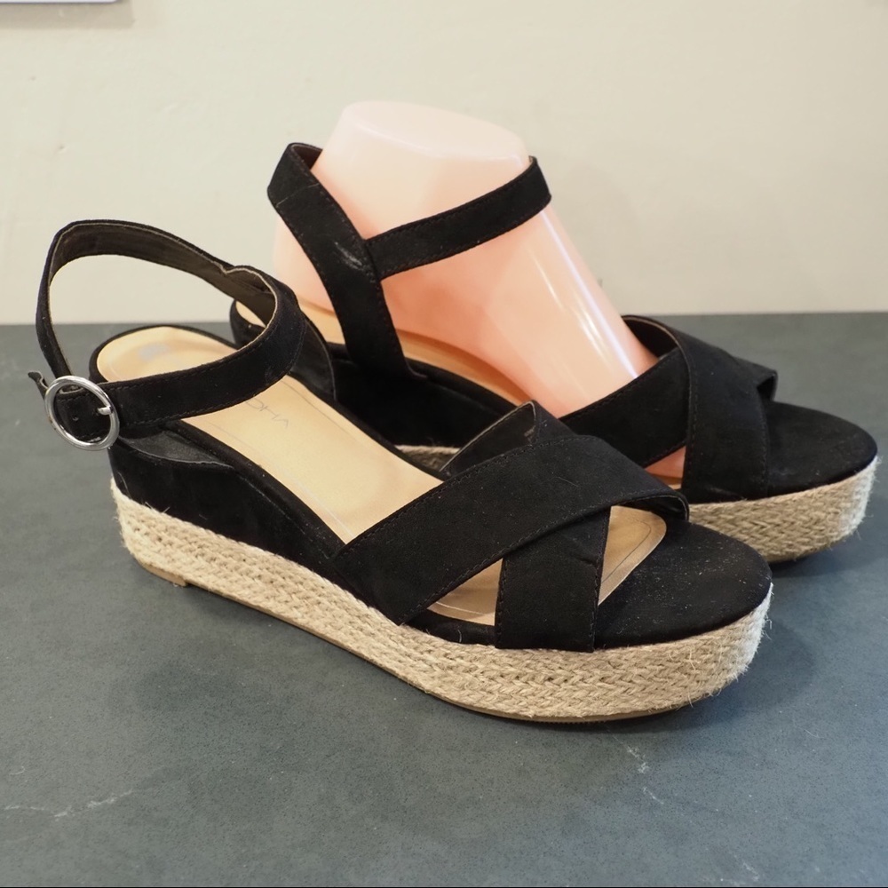 Big Buddha sz 10 black vegan fabric wedge espadrilles - Picture 10 of 15